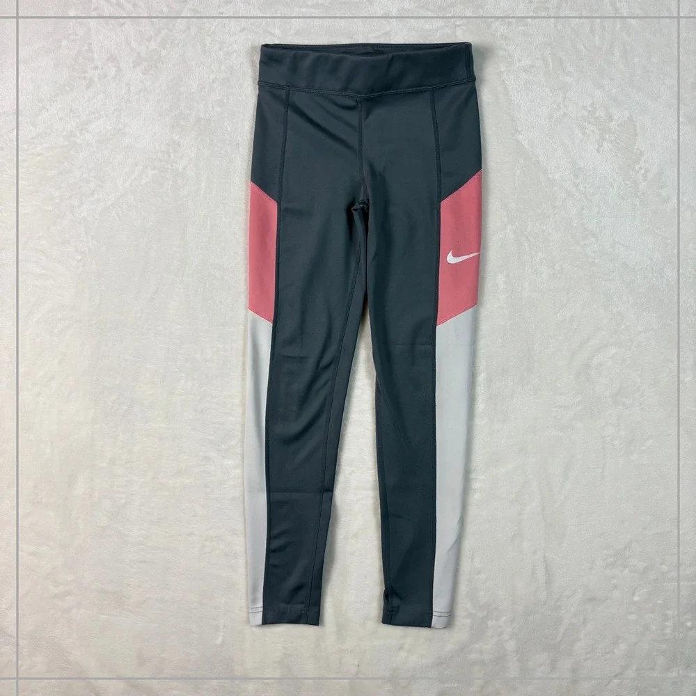 Nike Dri-FIT Leggings Kids Large Grey Pink White GOod Colorblock‎ Tight Fit